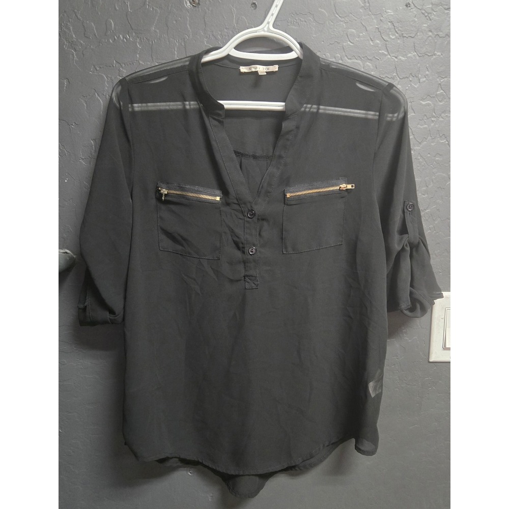 C'est‎ Toi Black Sheer Chiffon Roll Tab Sleeve Blouse Gold Zip Pockets Small